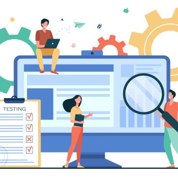 Tiny people testing quality assurance in software isolated flat vector illustration. Cartoon character fixing bugs in hardware device. Application test and IT service concept